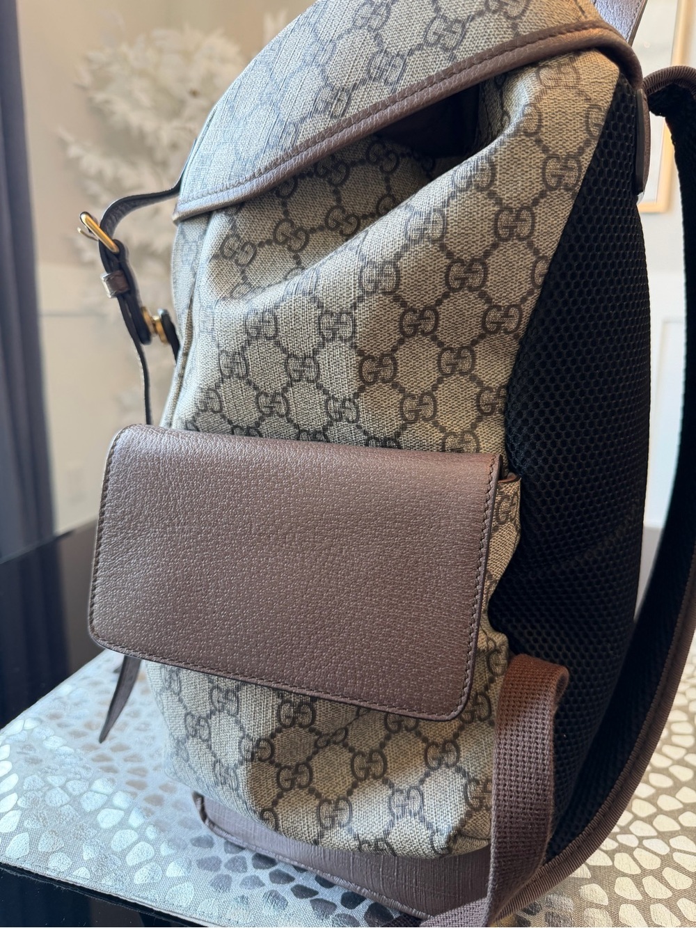 Gucci GG Supreme Coated Canvas Backpack with Red & Green Stripe and Brown Trim - Picture 7 of 16